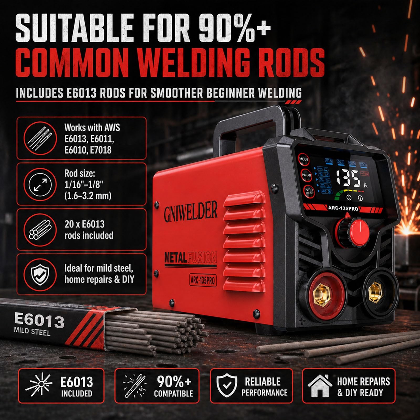 GNIWELDER ARC-135PRO 135A Mini Stick Welder 110V IGBT with Gloves & 20 Rods