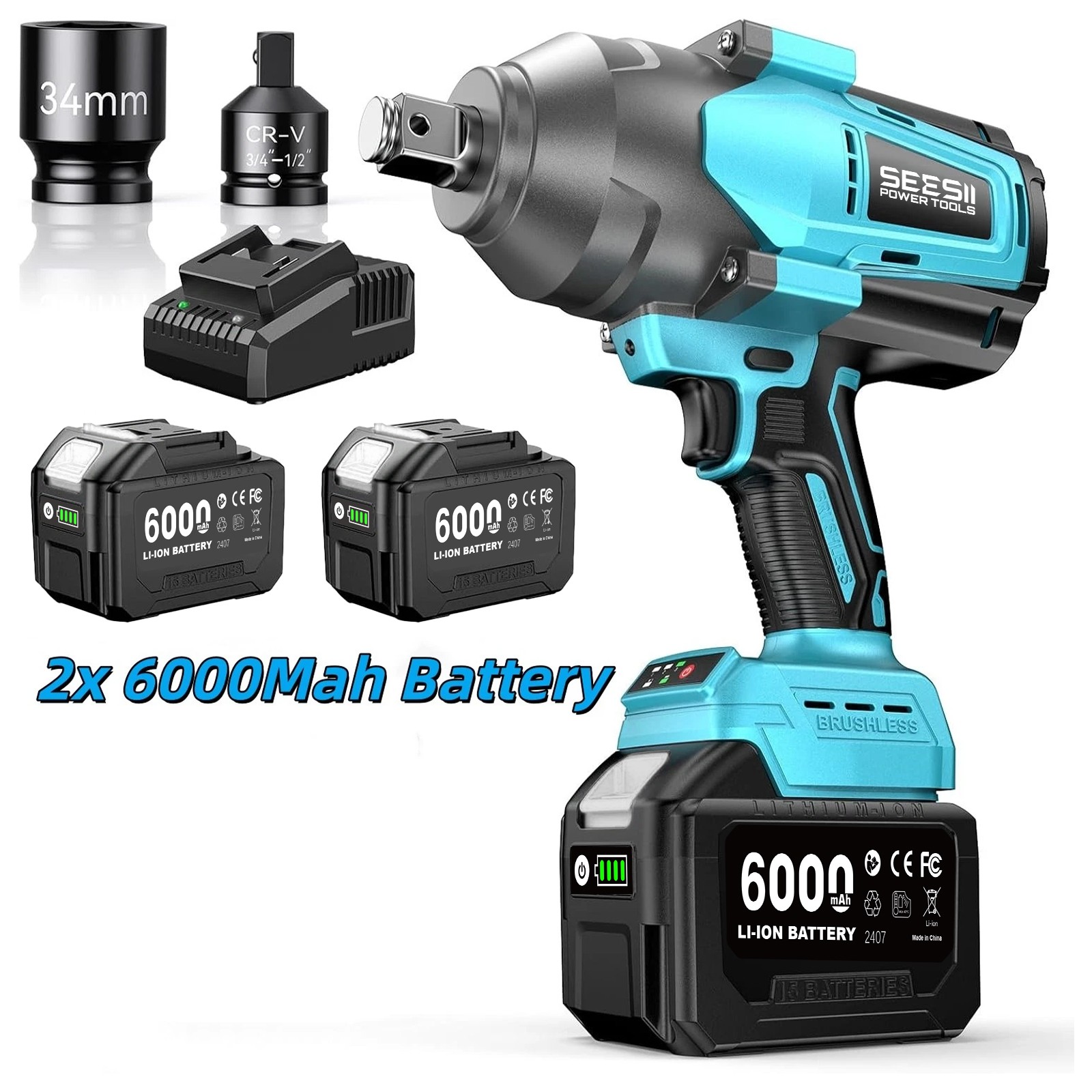Cordless Electric Impact Wrench 2000N.m 3/4 in 1/2&Prime; Brushless Impact Gun 2×6.0Ah