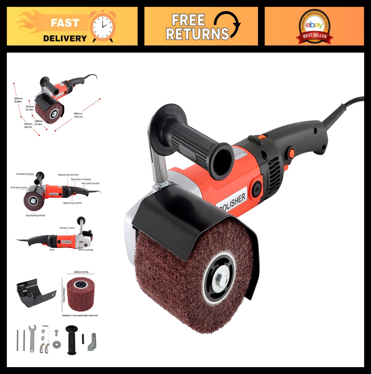 1400W Electric Burnishing Tool – 8 Speed Wheel Sander Polisher for Wood & Metal