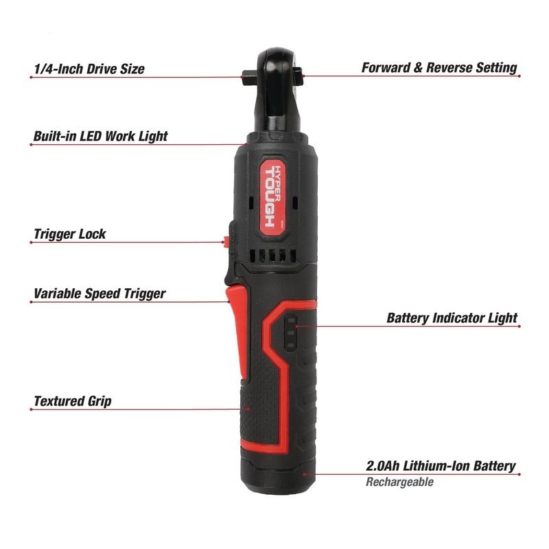 4V Cordless Ratchet 2Ah Battery LED Light USB-C 1/4 Inch Torque 159 in-lbs