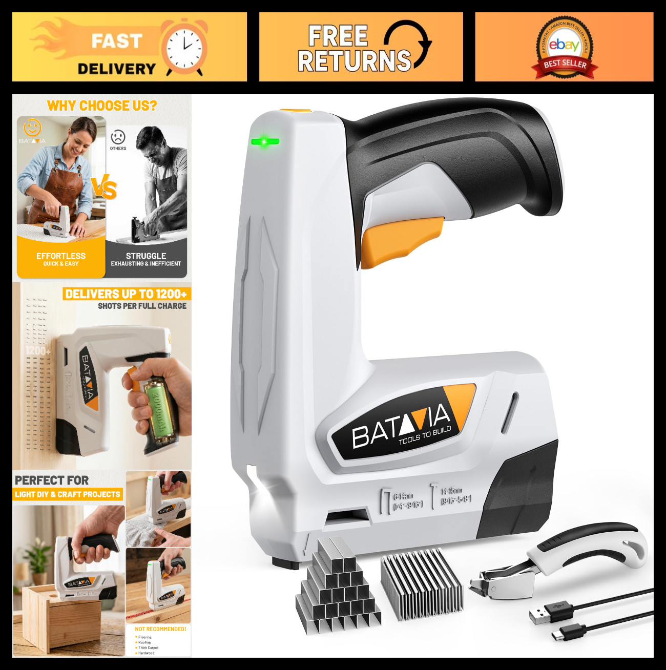 Cordless Electric Staple Gun & Brad Nailer Kit – 2000 Staples, 2000mAh Battery,