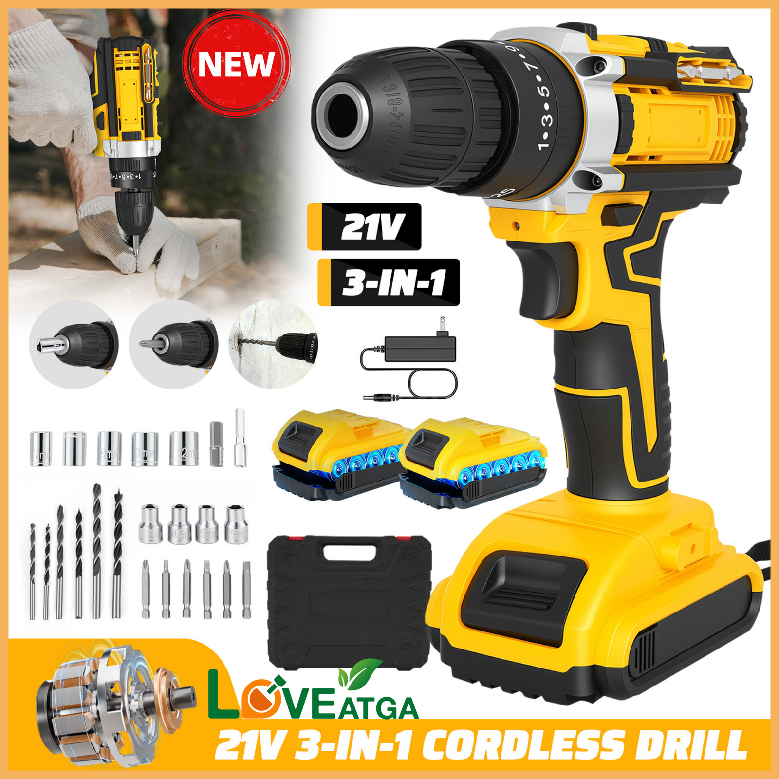 Cordless Impact Driver Brushless Hammer Drill Combo Kit w/2 Batteries + Charger