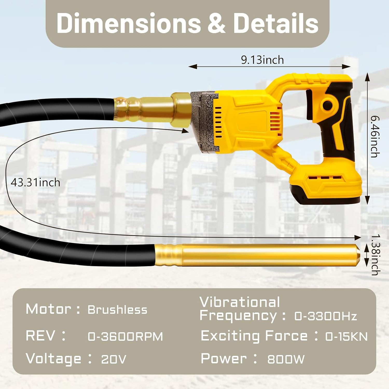 Handheld Concrete Vibrating Tool, Compatible with Dewalt 20V Battery(No Battery)