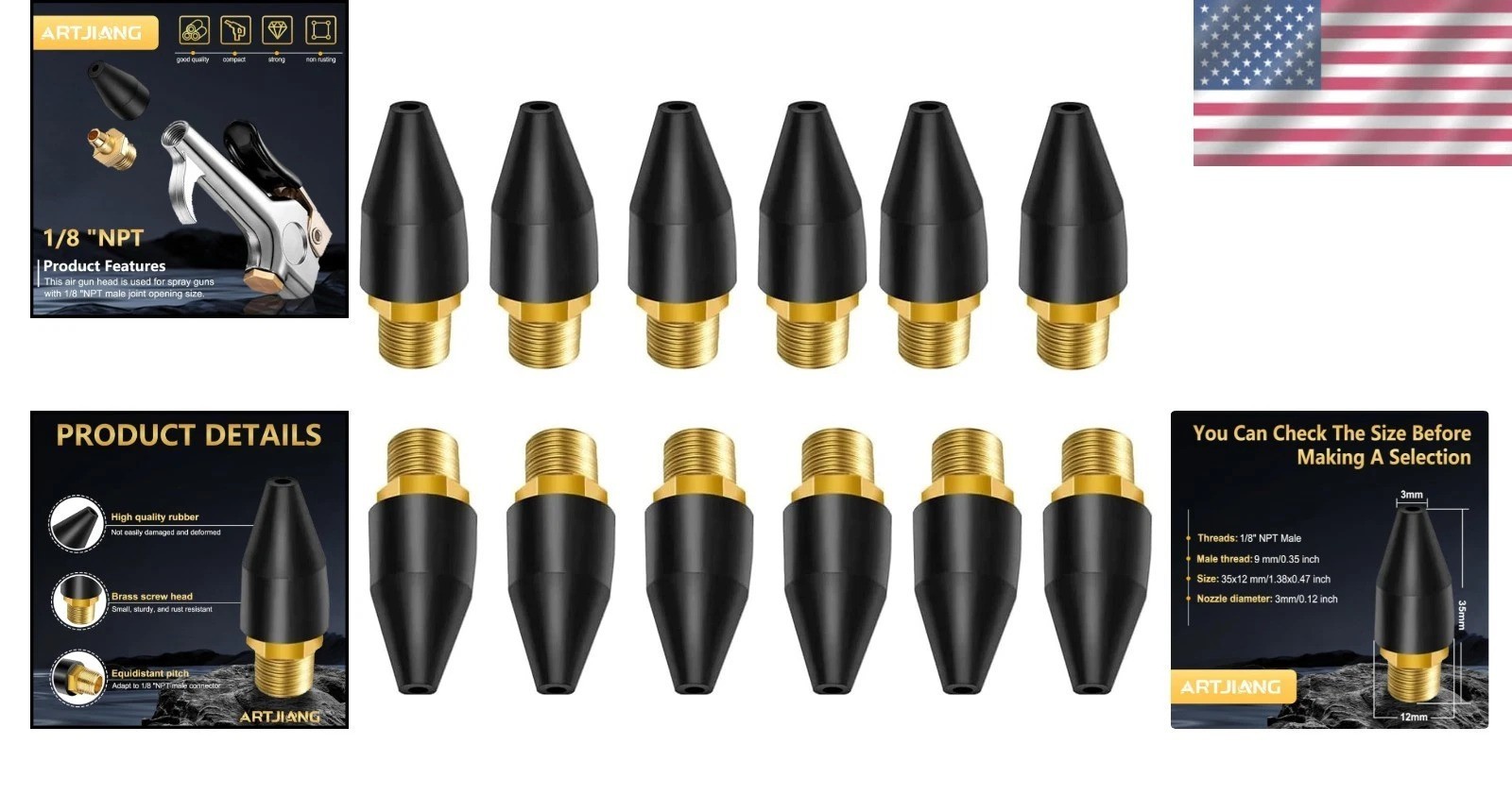 12pcs Black Rubber Air Tool Tips – Durable Nozzle Set for Efficient Inflation