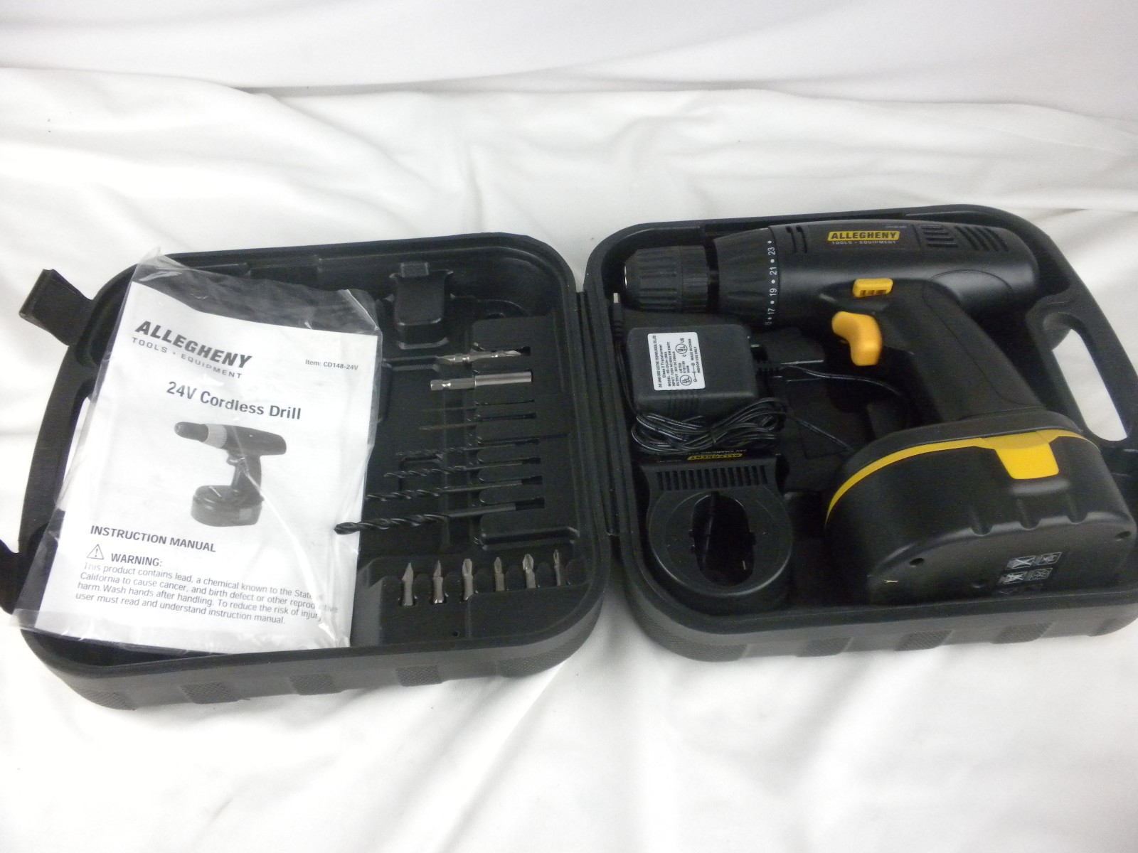 NEW Allegheny 24V Cordless Drill -3/8 Drive – w/Case, Bits, Battery & Charger
