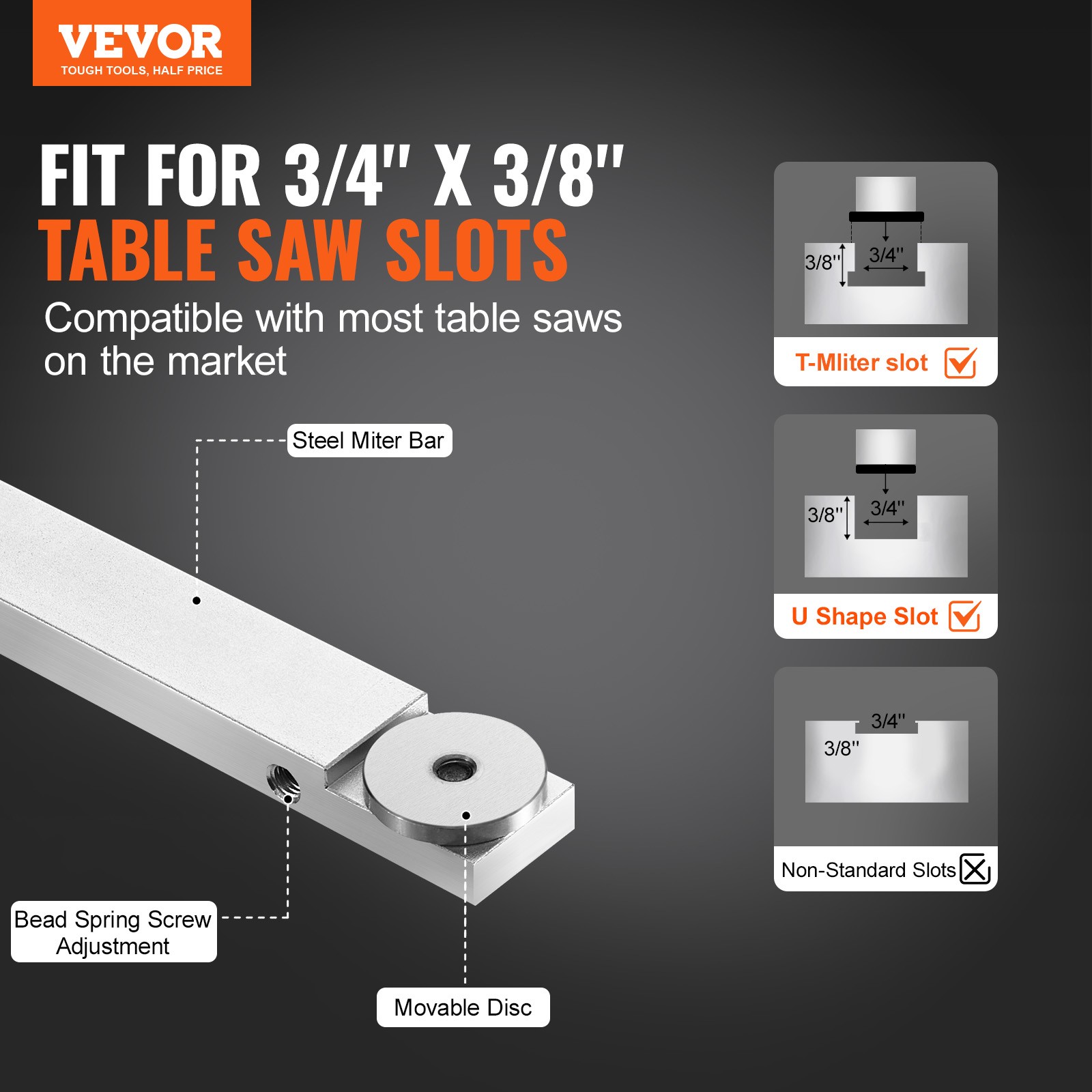 VEVOR Precision Table Saw Miter Gauge Standard Slot 3/4 »x3/8 » 19-35 in Grating