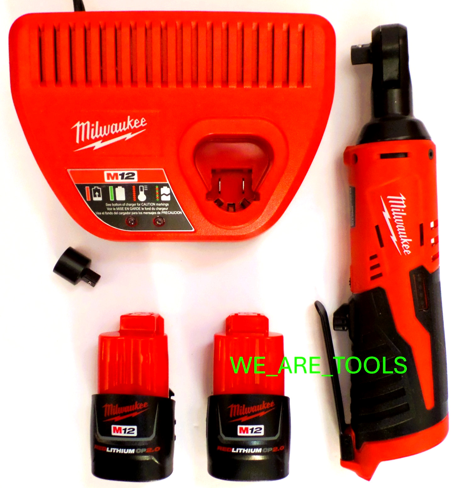 NEW Milwaukee BARE M12 2457-20 Cordless 3/8&Prime; Ratchet, 2) 2.0 Ah Battery, Charger