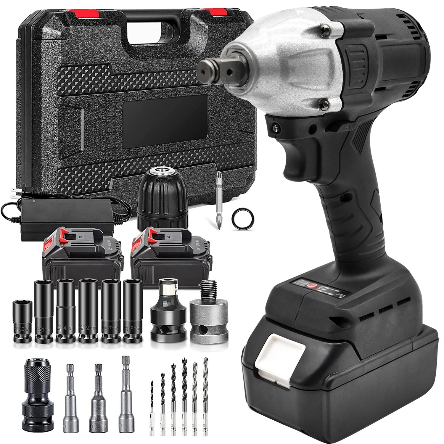 Cordless Electric Impact Wrench Gun 1/2 » Driver Drill 2×3.0A Battery 800Nm 21V