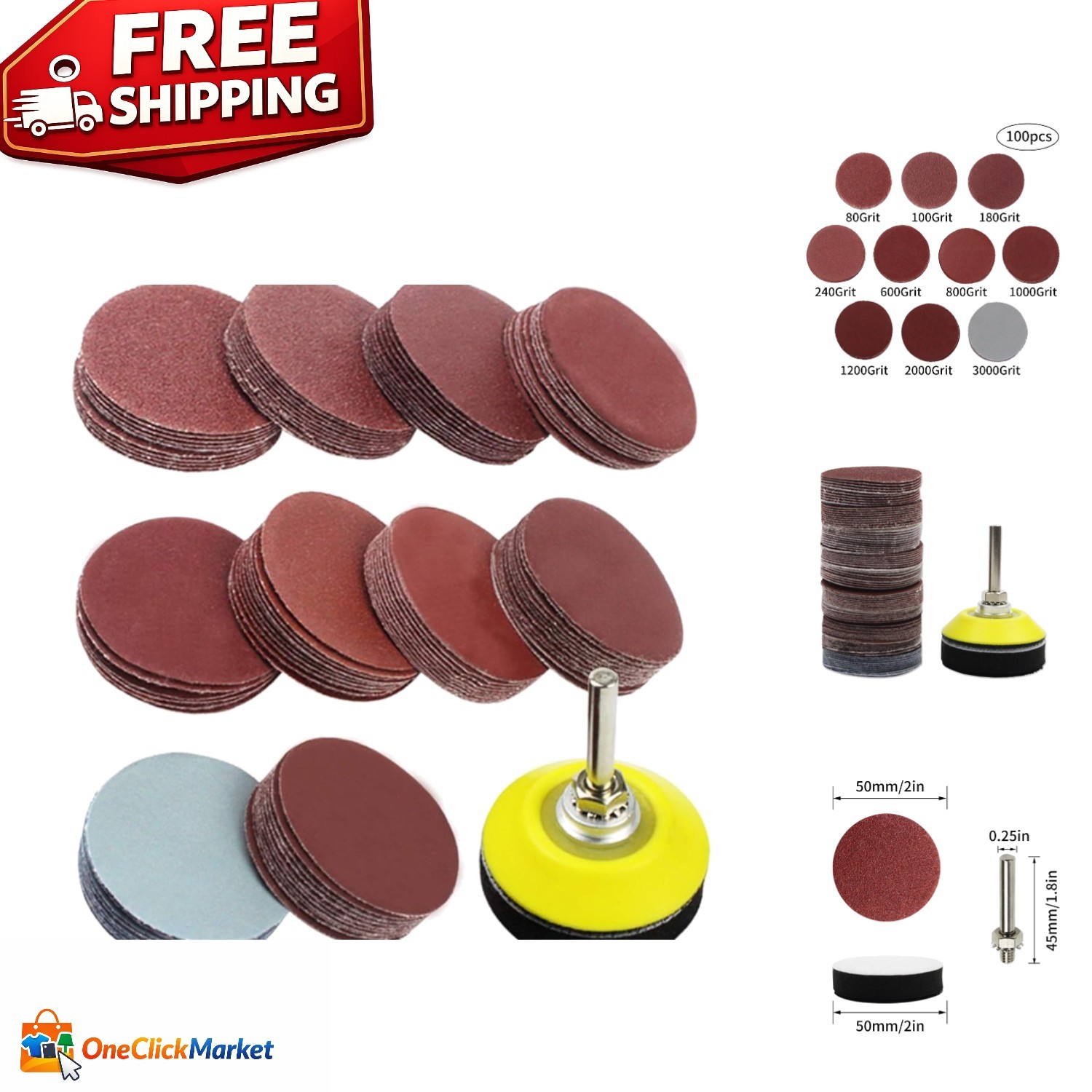 Versatile 100-Pcs 2-Inch Sanding Pad Kit, Backer Plate & Sponge Cushion Included