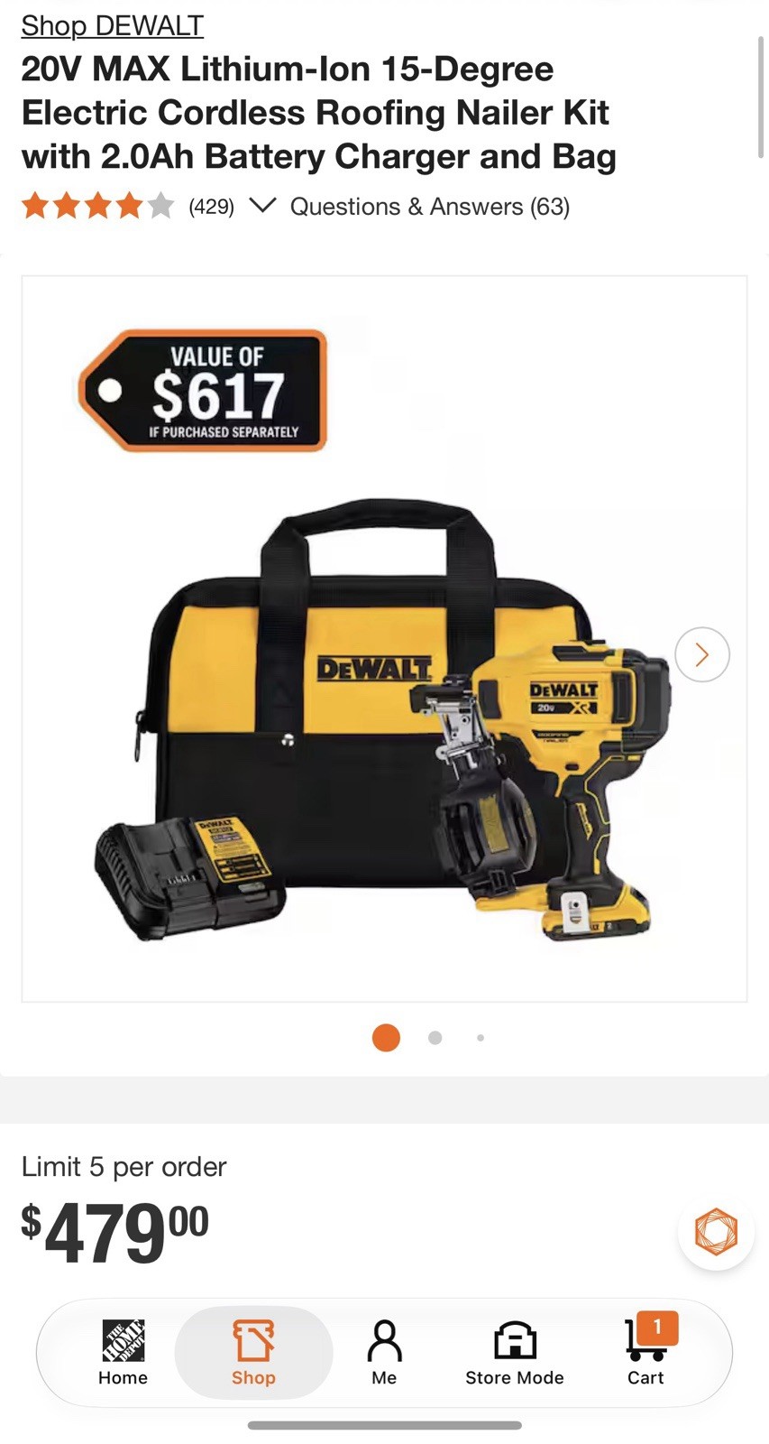DEWALT DCN45RND1 20V MAX XR 15° Coil Roofing Nailer Kit 2.0Ah Charger Bag