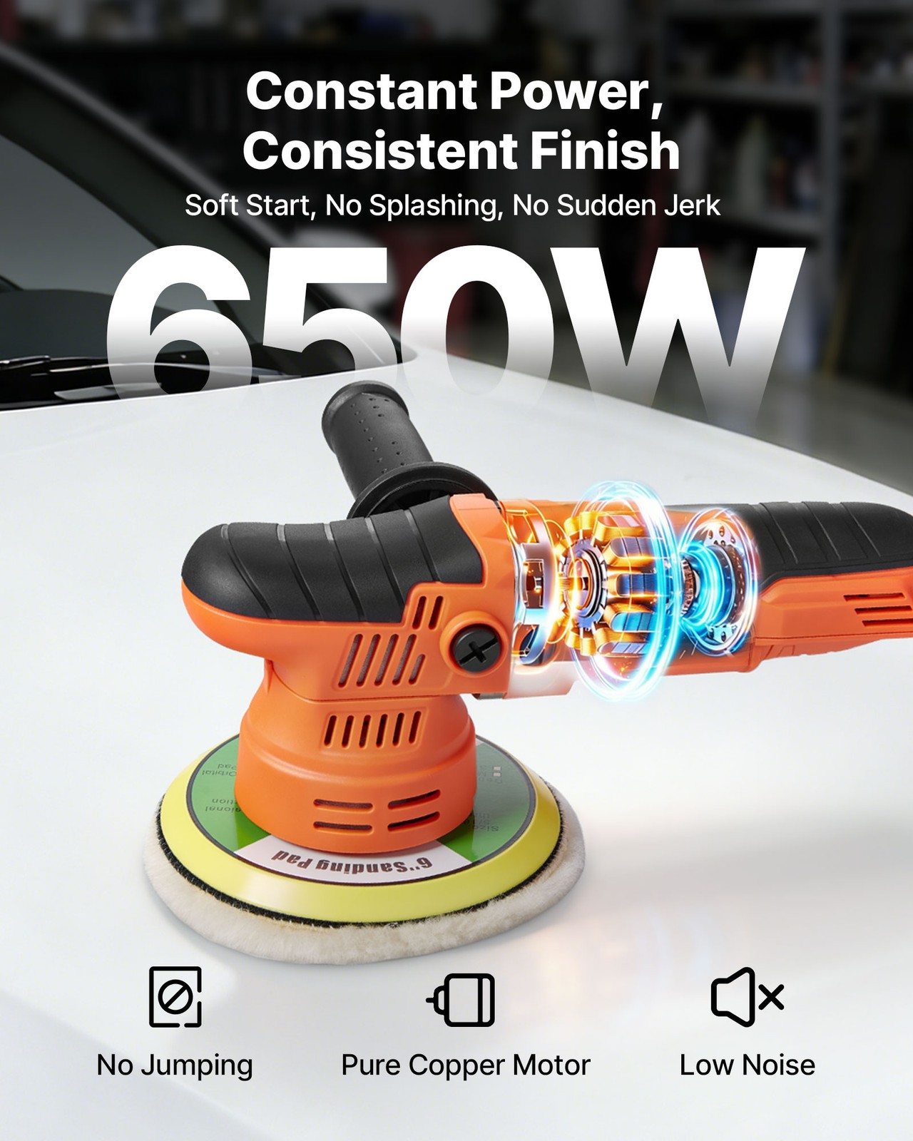 VEVOR 6&Prime; Car Buffer Polisher 650W 6 Speeds 2000-6800RPM Random Orbital Polisher
