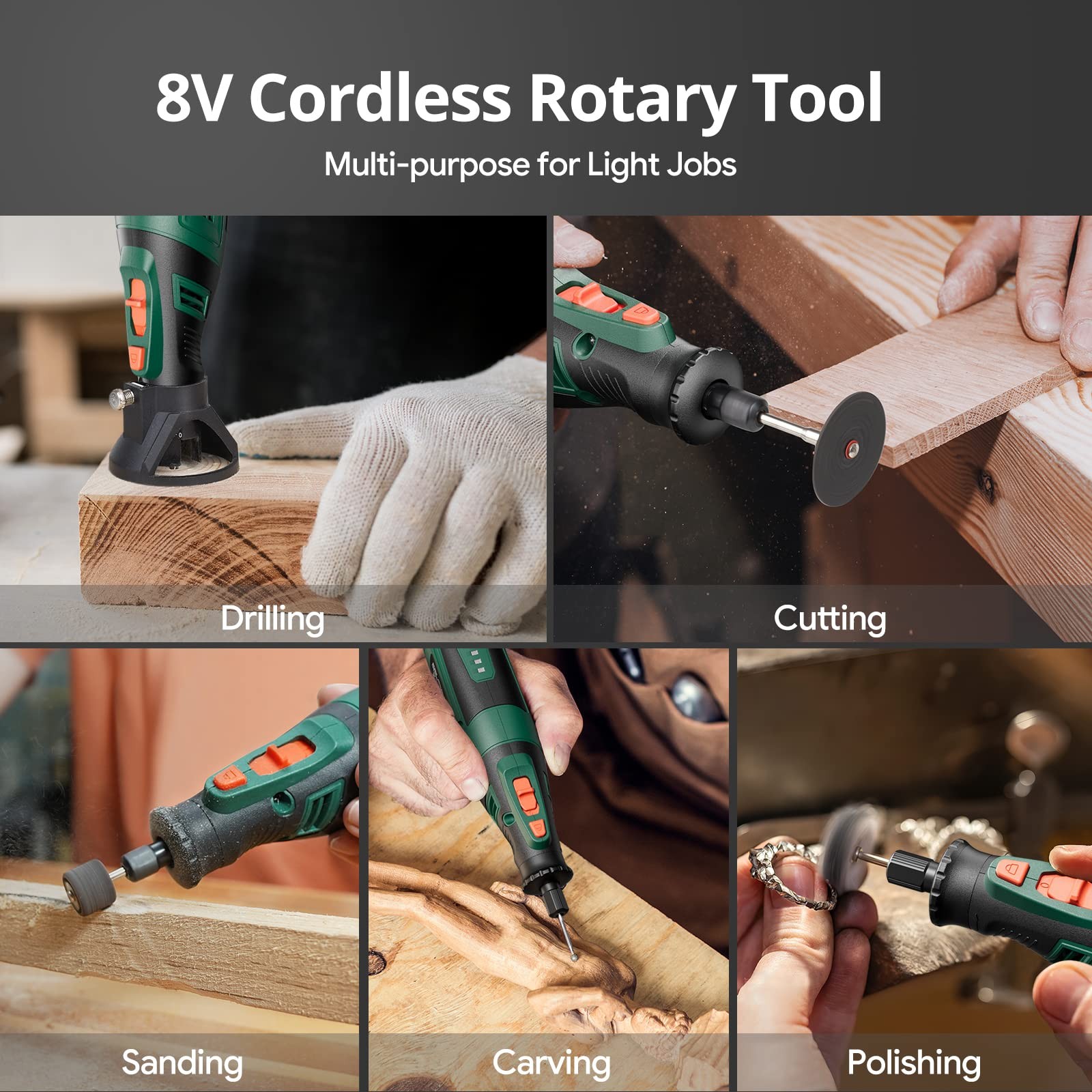 DEPSTECH 8V Cordless Rotary Tool Kit 127PCS Variable Speed 30000RPM Green