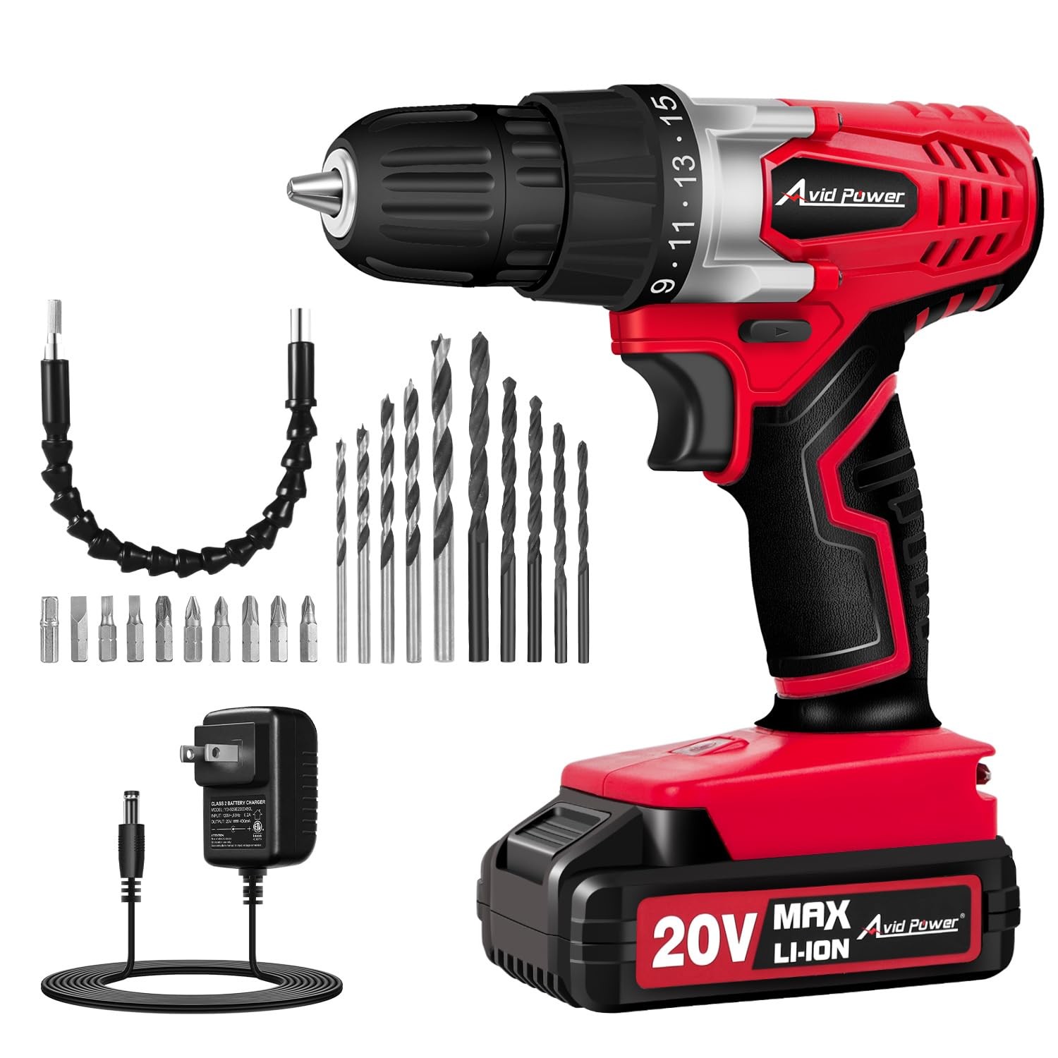 AVID POWER 20V Cordless Drill Driver Kit 22PCS LED Lithium Battery Red