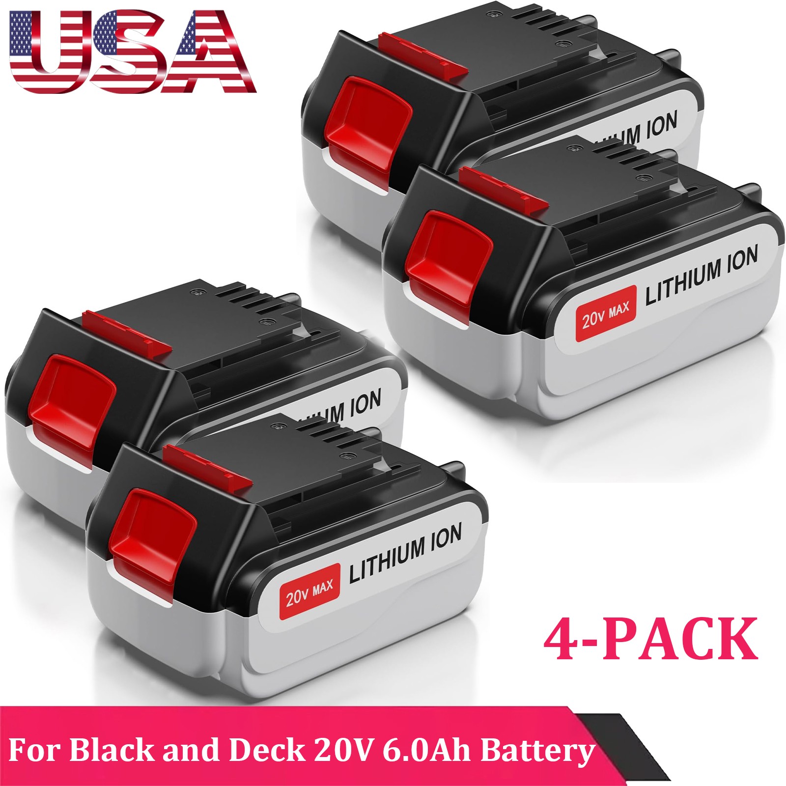 4-Pack 20V 6.0Ah for BLACK+DECKER 20 Volt Lithium-ion Battery LBXR20 LBX20 LB20