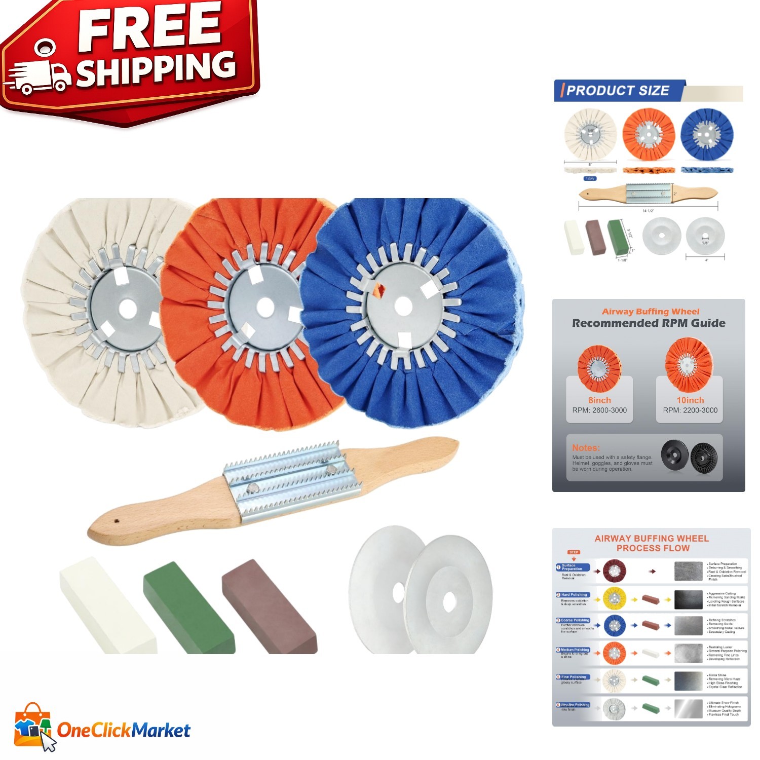 Polishing Wheel Kit 8 Inch Airway Buffing Wheel Set for Metal Polishing