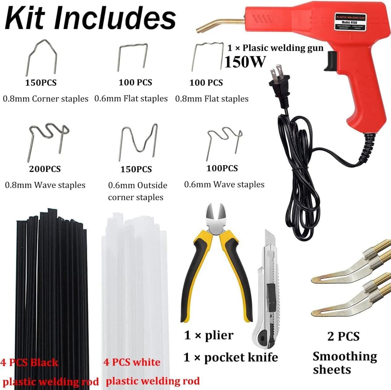 150W Upgraded Plastic Welding Kit,800PCS Hot Stapler Plastic Repair Kit,8Pcs Rod