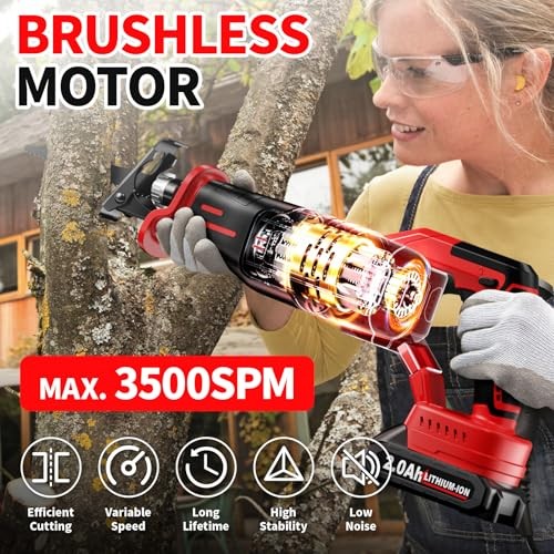 Cordless Brushless Reciprocating Saw Kit 2 Batteries 4 Blades Red 3500 SPM