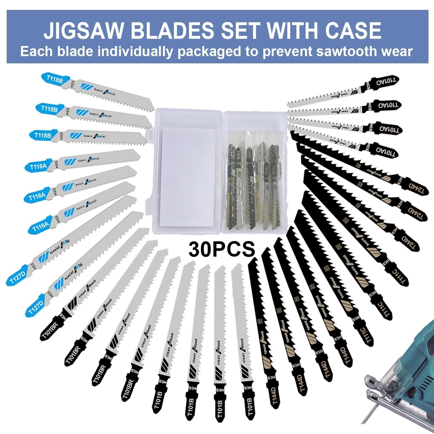 30 Pc T Shank Jigsaw Blades Set Assorted Wood Metal Plastic Cutting Jig Saw