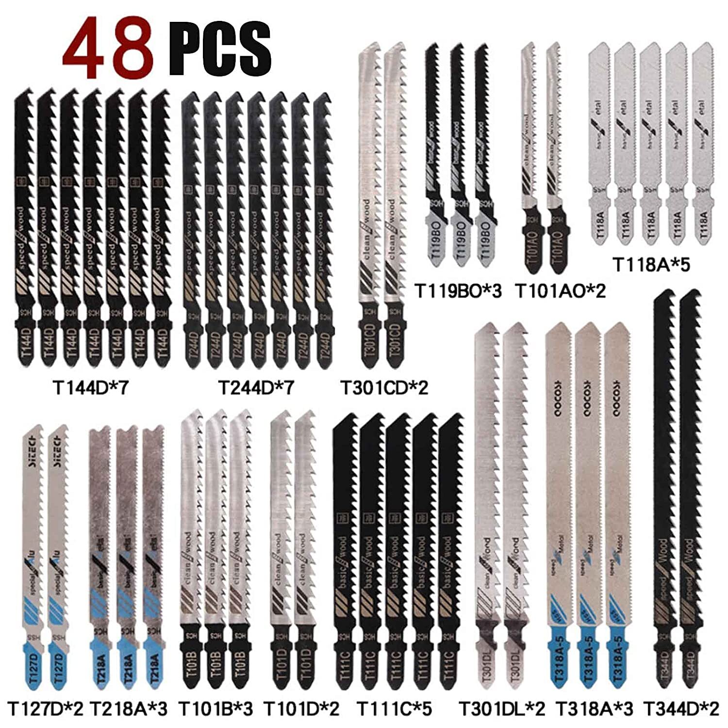 48pcs Jigsaw Blades Contractor Assorted T Shank Jig Saw Blades for Wood Cutting
